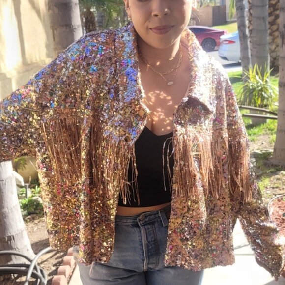 Miss me Sequin crop fringejaket rosegold size L - Picture 3 of 13